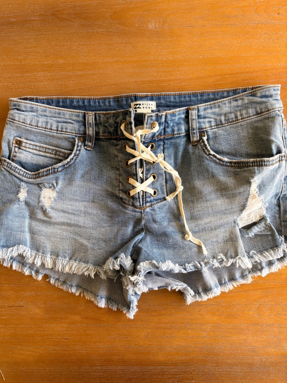 Billabong Light Blue Lace-Up Distressed Denim Cutoff Shorts